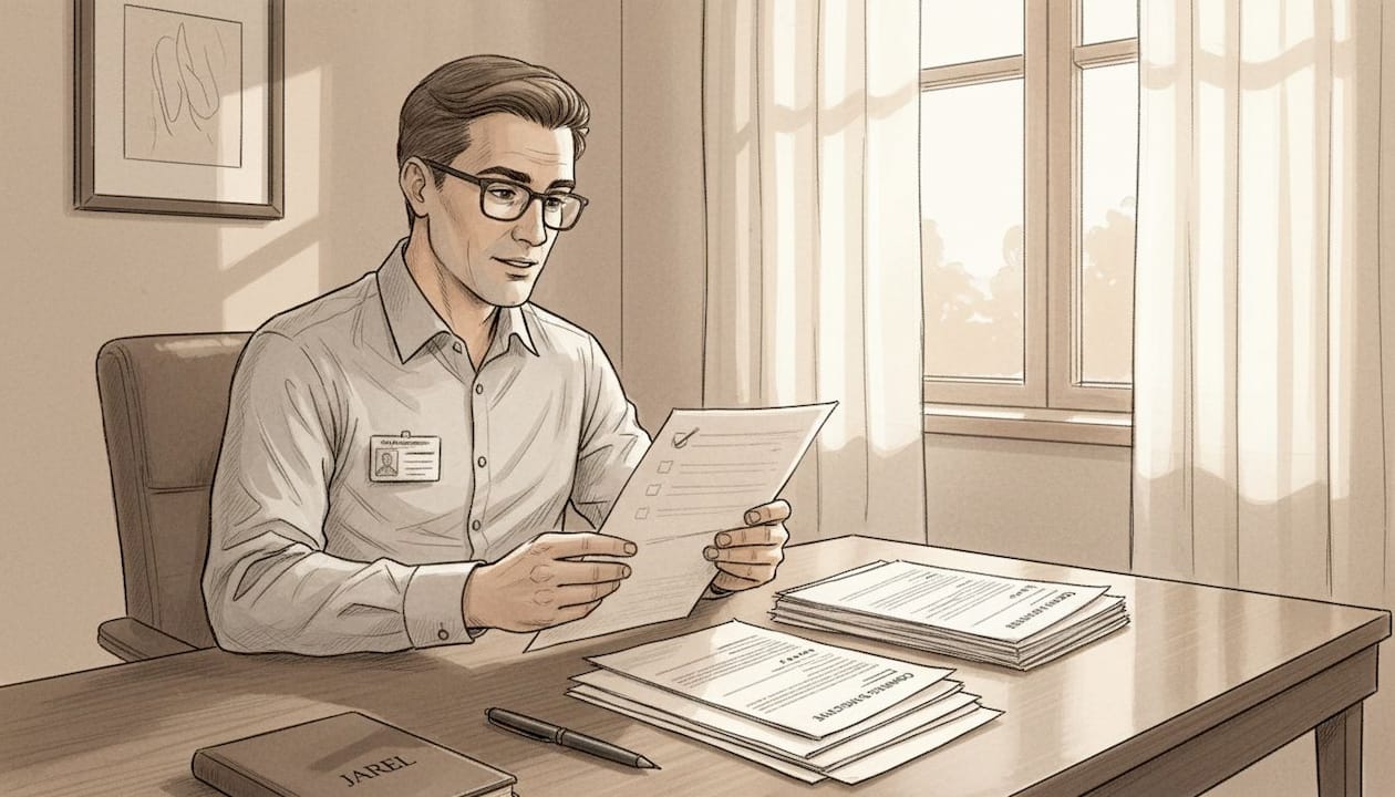 Attorney reviewing compliance checklist at desk