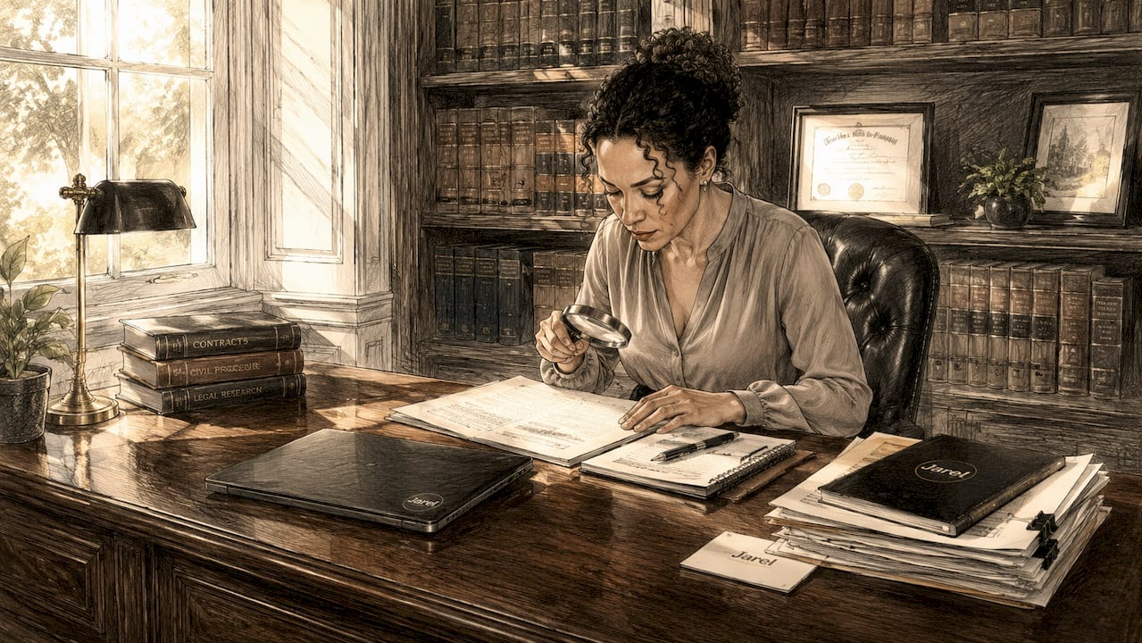 Hands examining legal document with magnifying glass