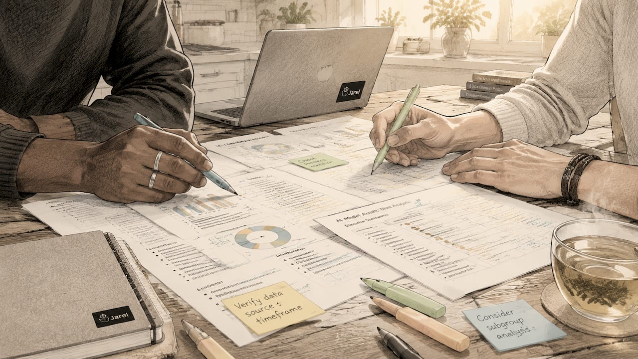 Hands annotating legal AI audit documents