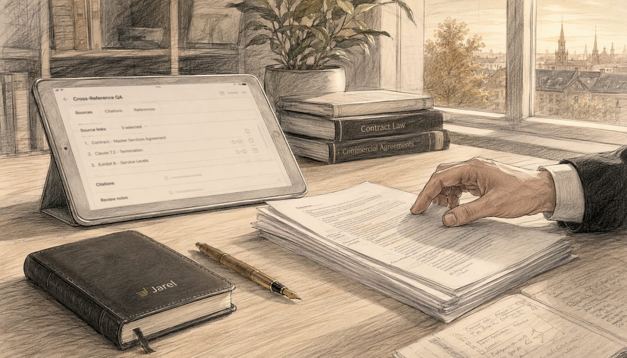 Tablet with legal AI workspace and notebook on desk