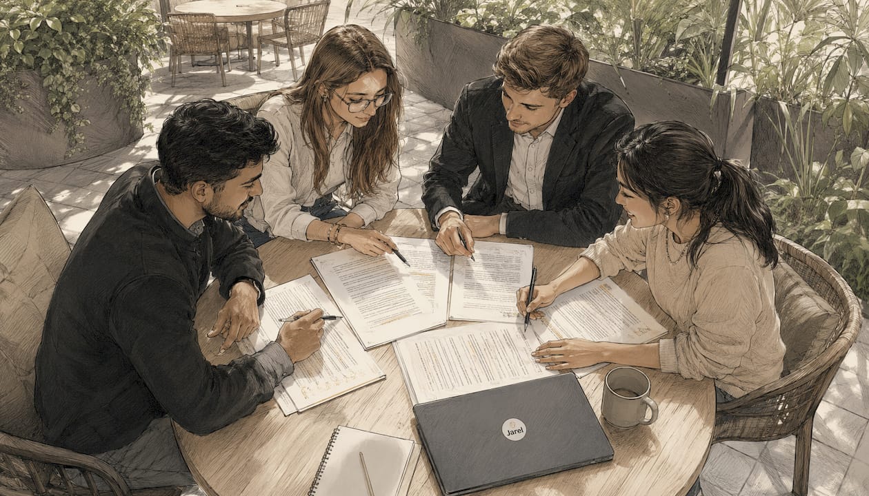 Legal team collaborating on contract definitions