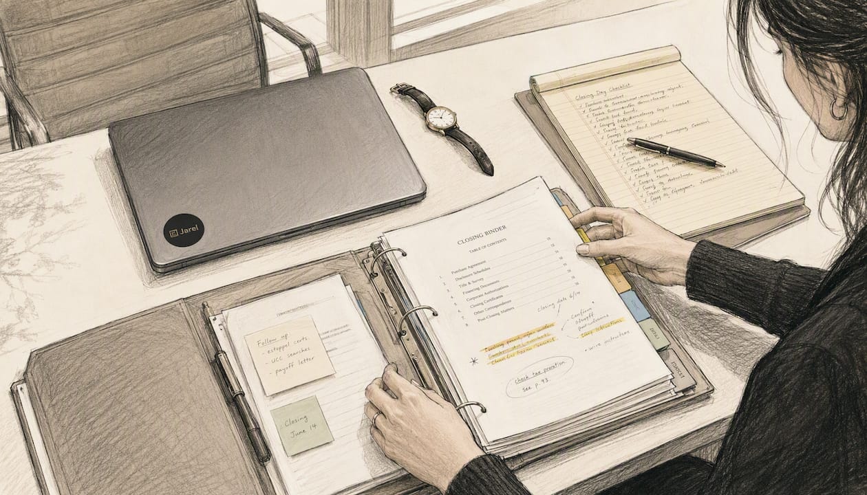 Close-up of hands organizing legal closing binder