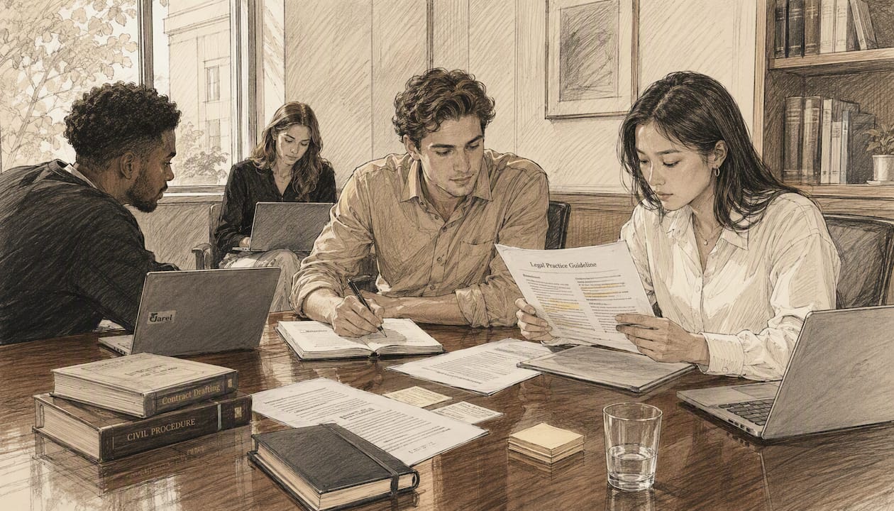 Team collaborating around legal AI workspace table