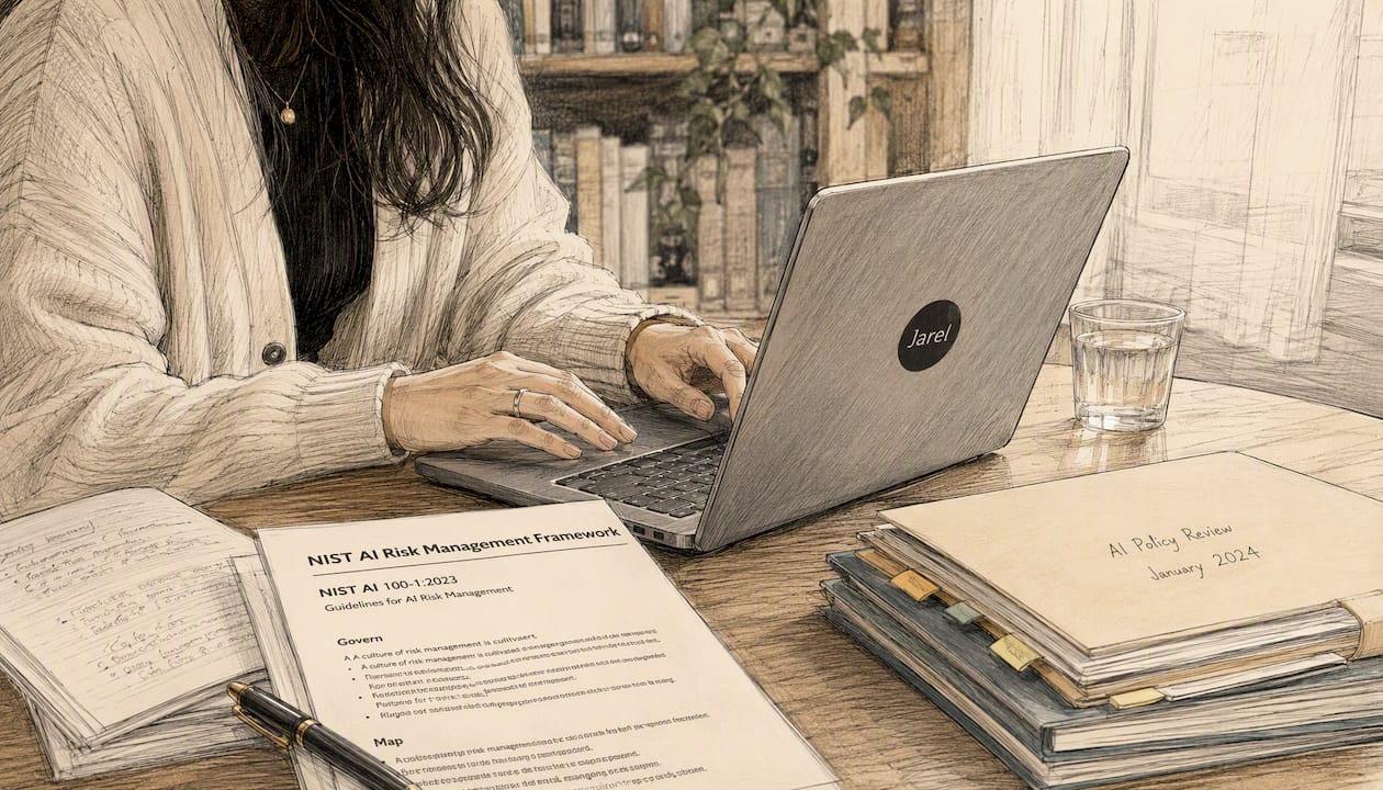 Junior lawyer typing AI framework documents