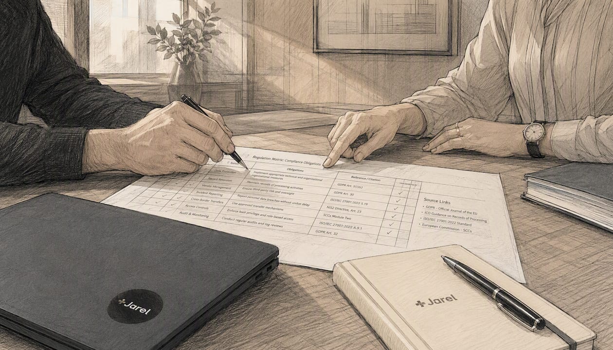 Hands reviewing regulation mapping matrix in office