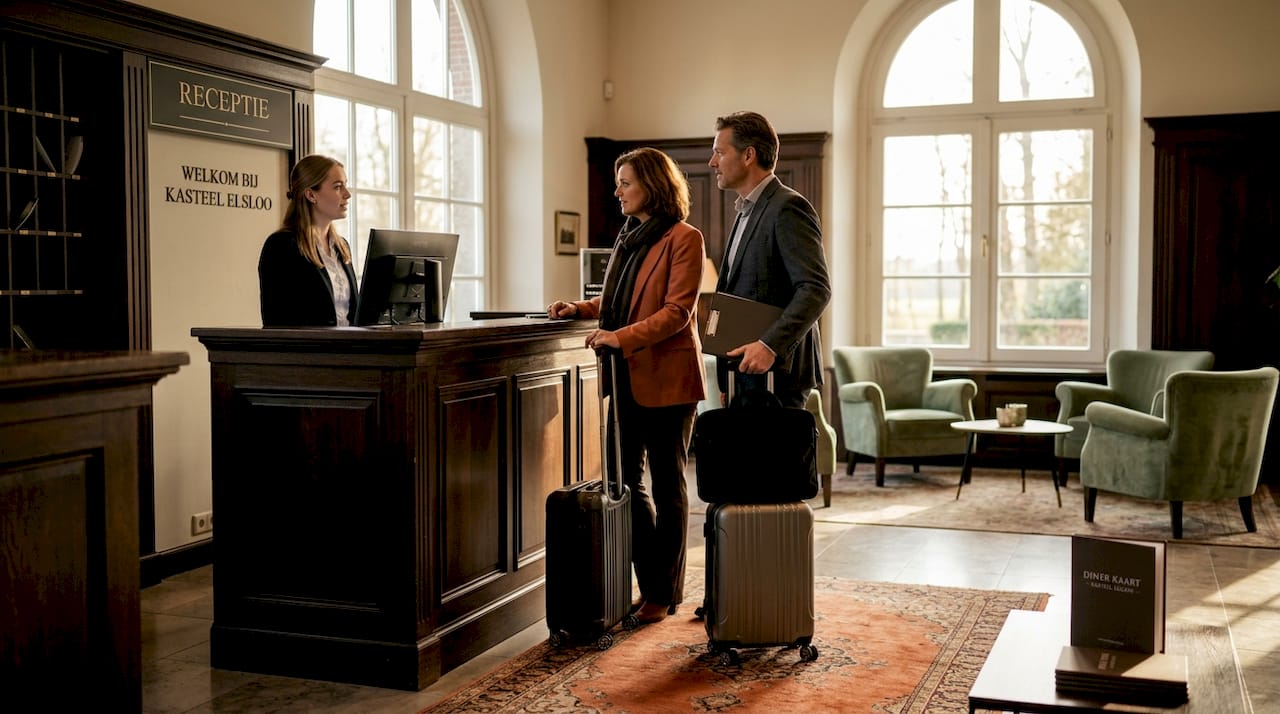 Zakelijke reizigers die zich bij de hotelreceptie aanmelden