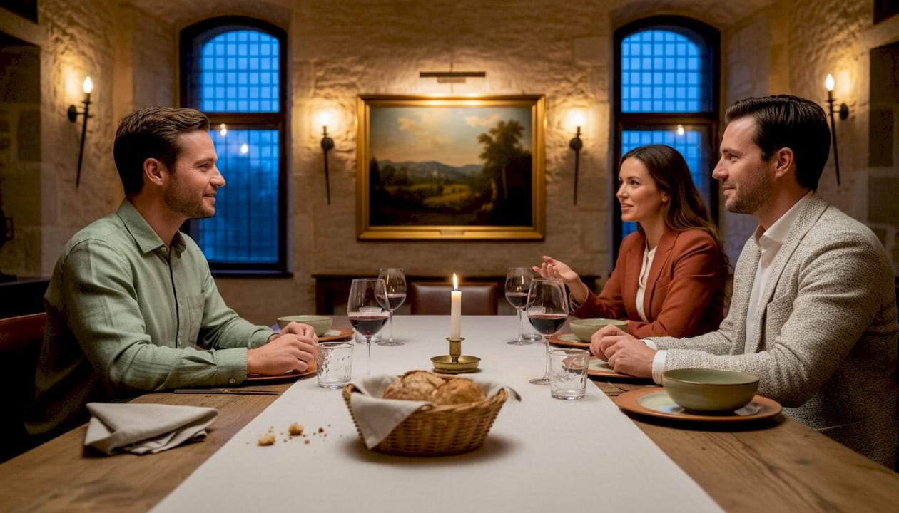 Een zakelijke groep geniet van een diner in een sfeervolle kasteelzaal.