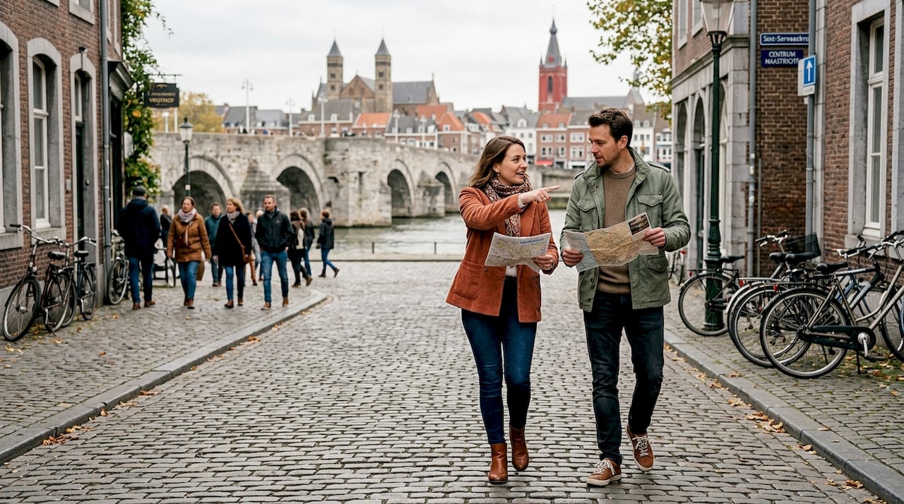 Toeristen slenteren door Maastricht en genieten van het uitzicht bij de Sint-Servaasbrug.