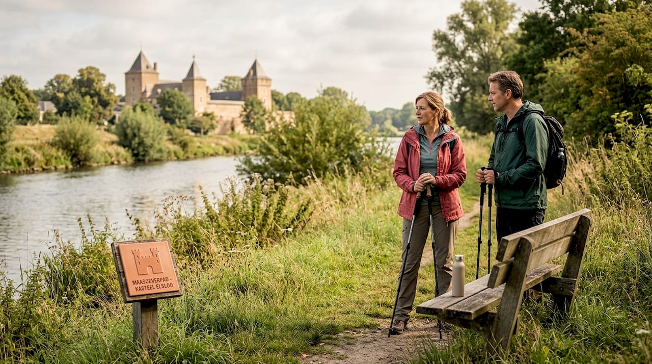 Wandelaars genieten van het pad langs de Maas bij Kasteel Elsloo.