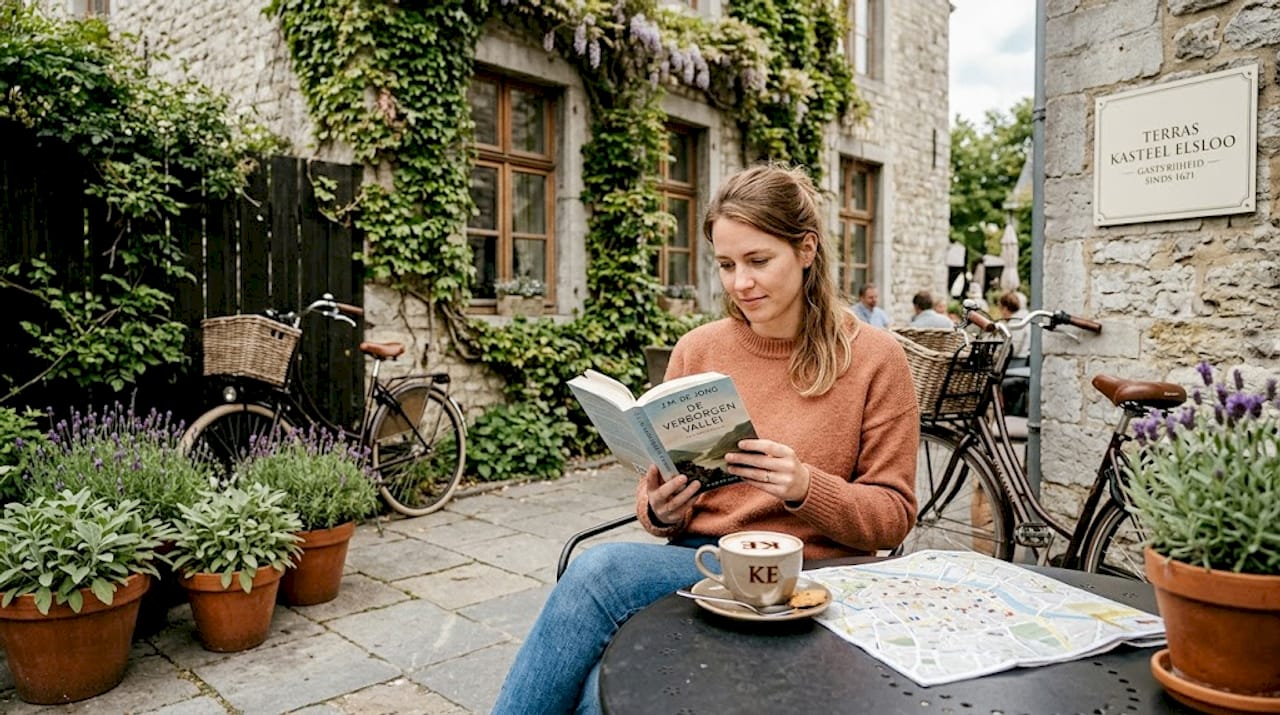 Een reiziger geniet van een ontspannen moment op het terras van een sfeervol boetiekhotel vlakbij Maastricht.