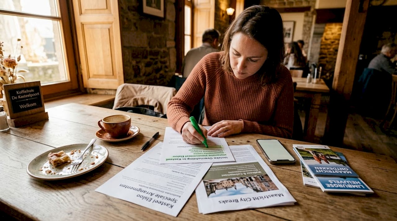 Een vrouw zit aan de keukentafel aandachtig haar hotelreserveringen en reisdocumenten door te nemen.