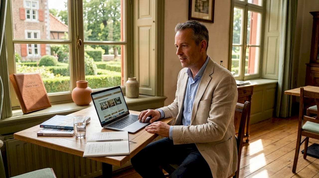 Man zit aan een loungetafel en vergelijkt verschillende hotels met elkaar.