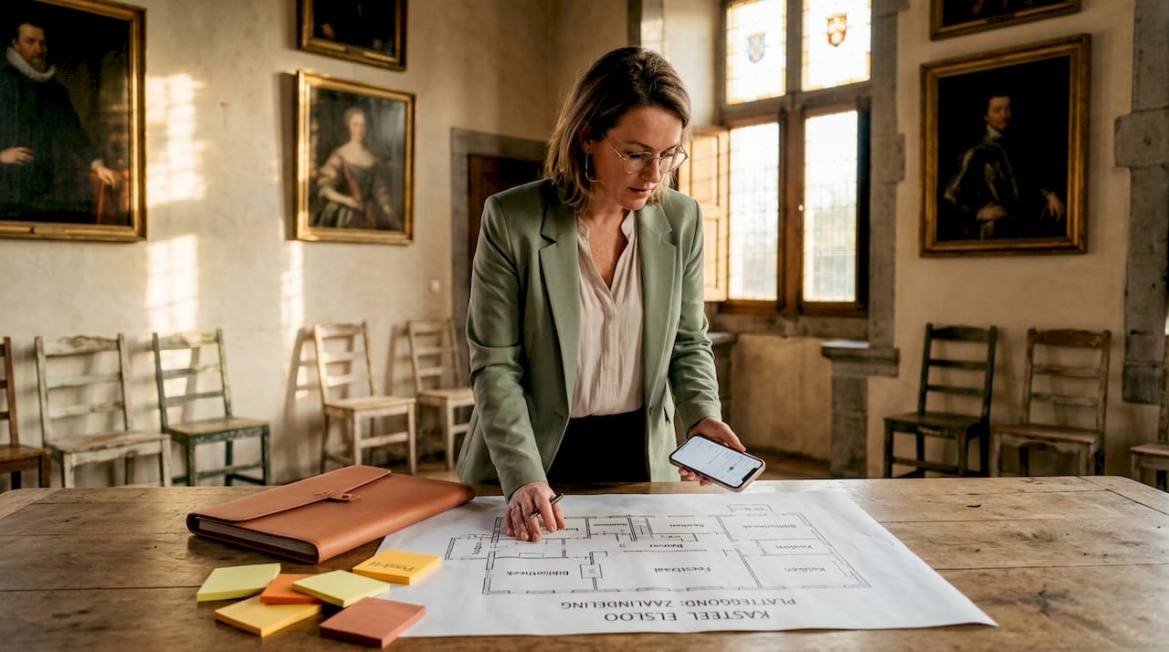 Een eventmanager is aan het werk in een stijlvolle vergaderzaal van een kasteel.