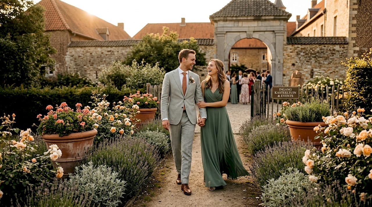 Het bruidspaar komt aan bij het sfeervolle kasteel, klaar om hun grote dag te vieren.