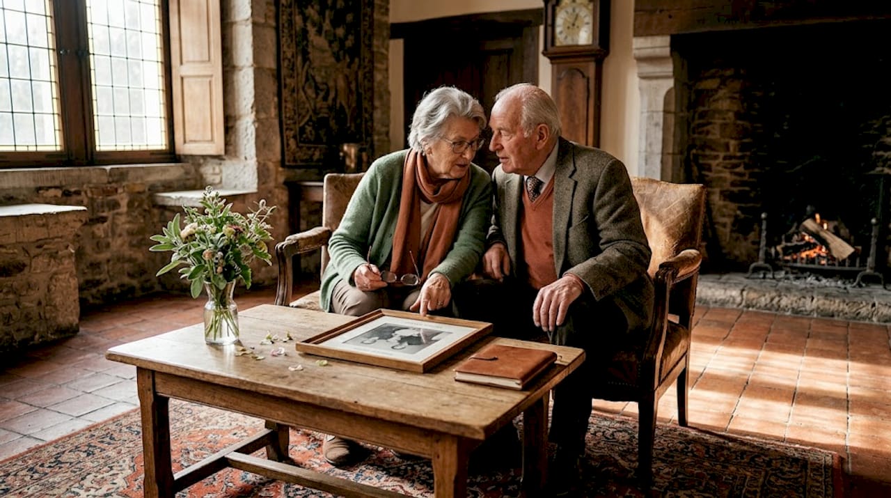 Gezinsleden genieten samen van een gezellig moment in de lounge van het kasteel.