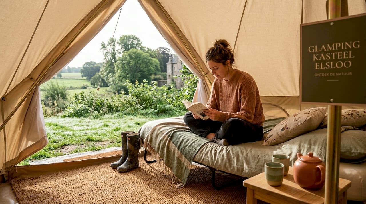 Een vrouw geniet van een goed boek in haar luxe safaritent op een Nederlandse glamping.