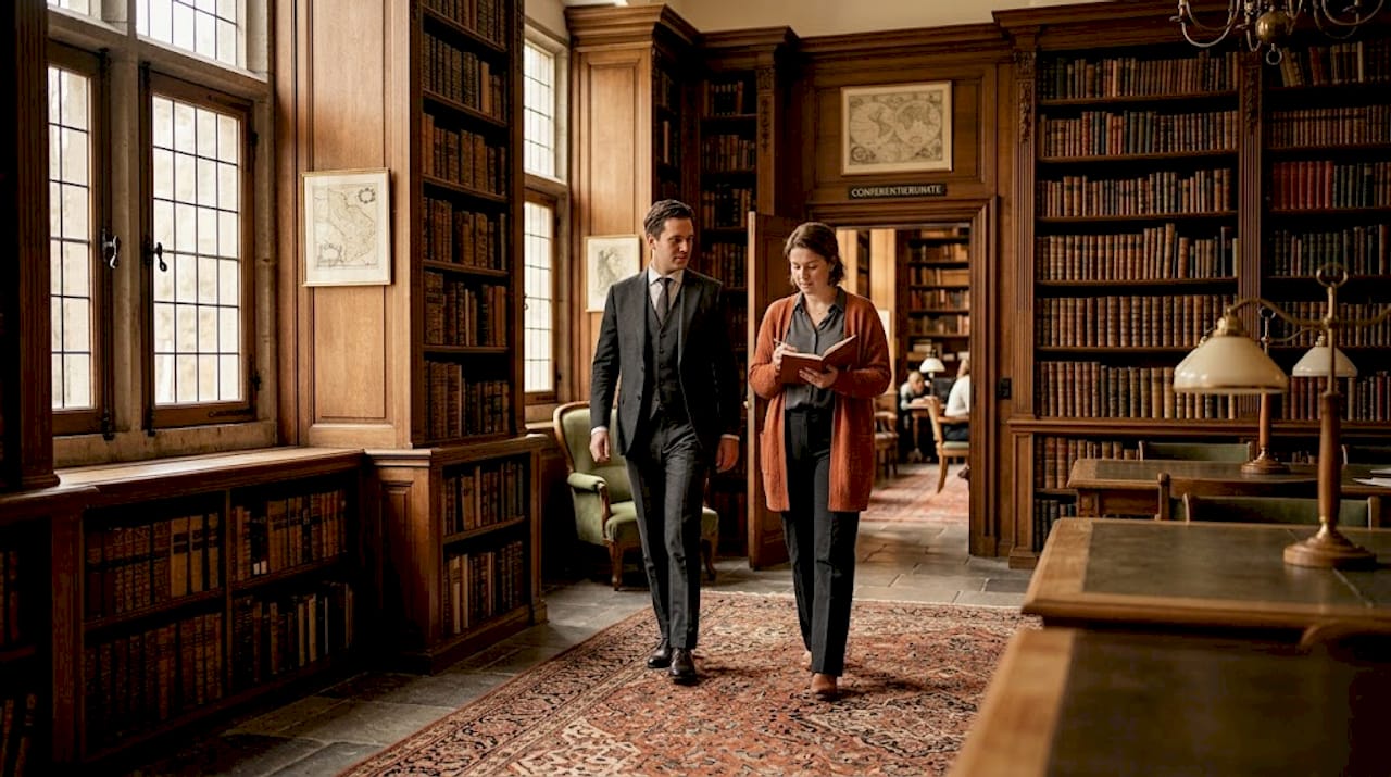 Twee mensen wandelen door de statige hal van een Limburgs kasteel.