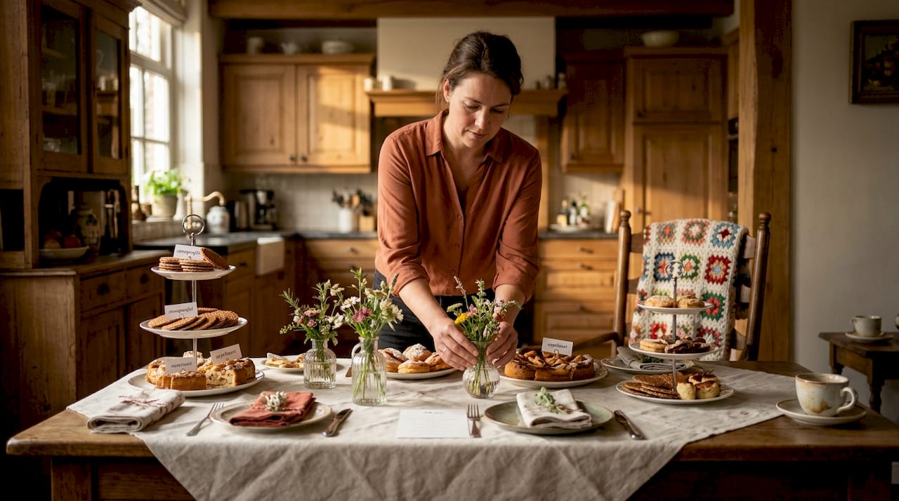 Een vrouw maakt haar koffietafel gezellig met kleurrijke bloemenvaasjes en een selectie heerlijke gebakjes.