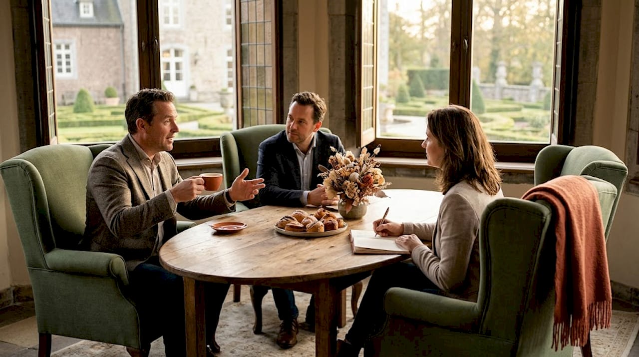 Een team in gesprek in de sfeervolle lounge van een historisch kasteel.