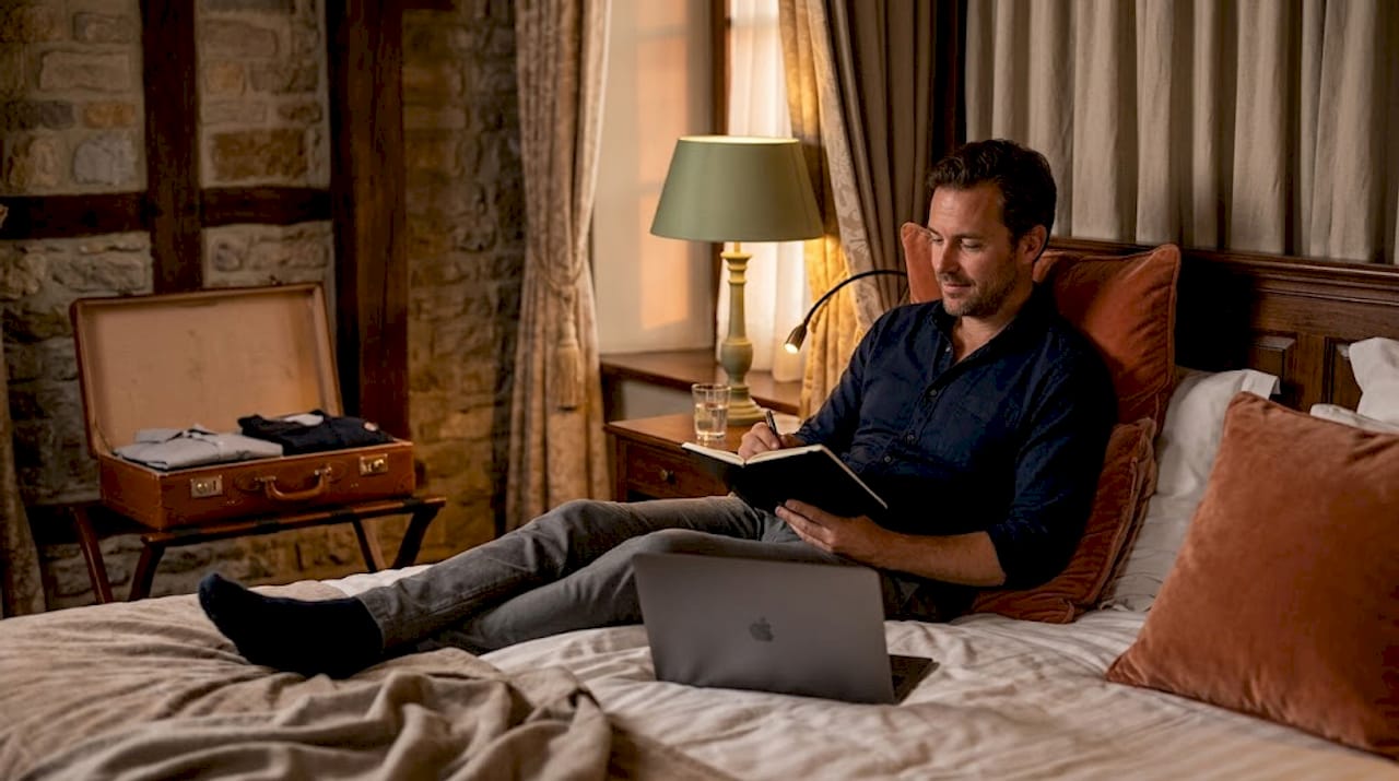 Een zakenreiziger verdiept zich in een boek op zijn hotelkamer.