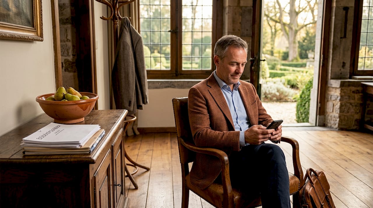 Gast wacht in de ontvangsthal van een landhuis