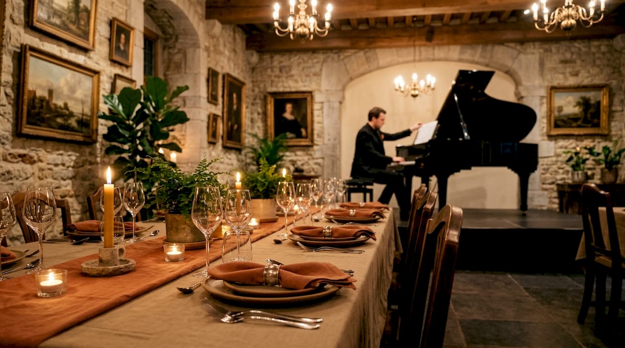 Sfeervol diner in de kasteelzaal met live muziek op het podium