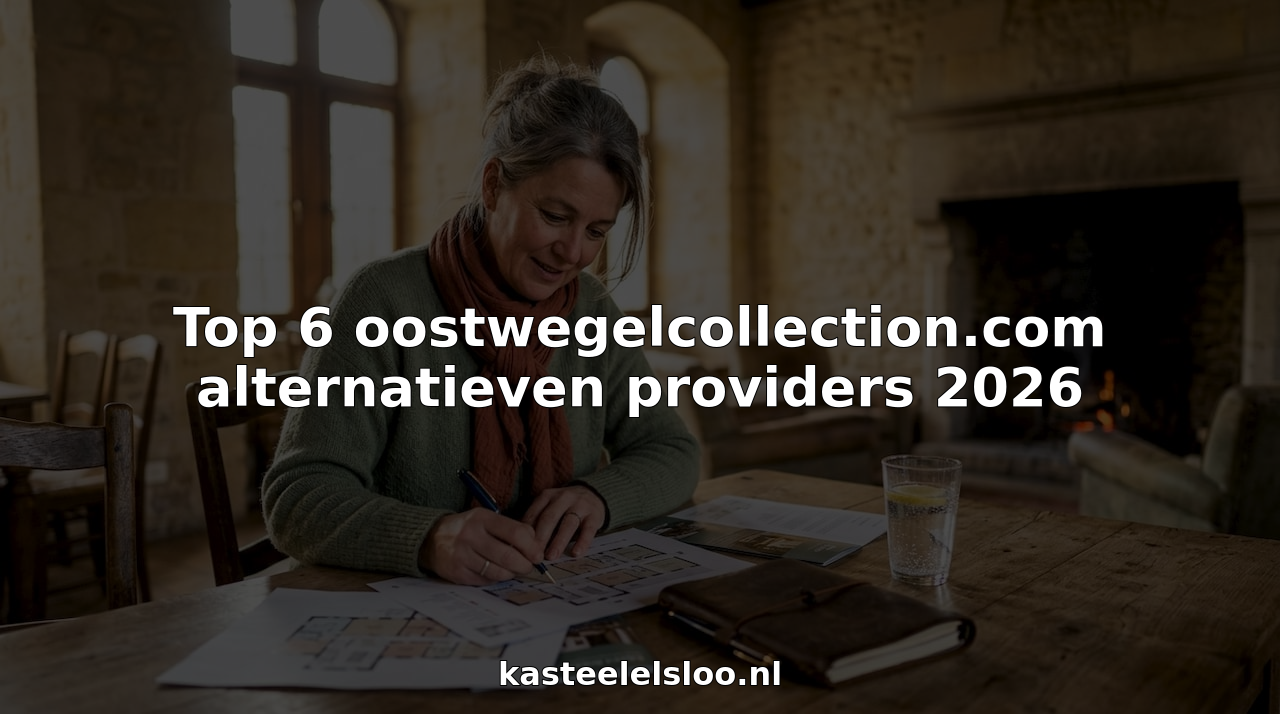 Een eventorganisator bladert door brochures terwijl hij een sfeervol kasteel als mogelijke locatie bekijkt.