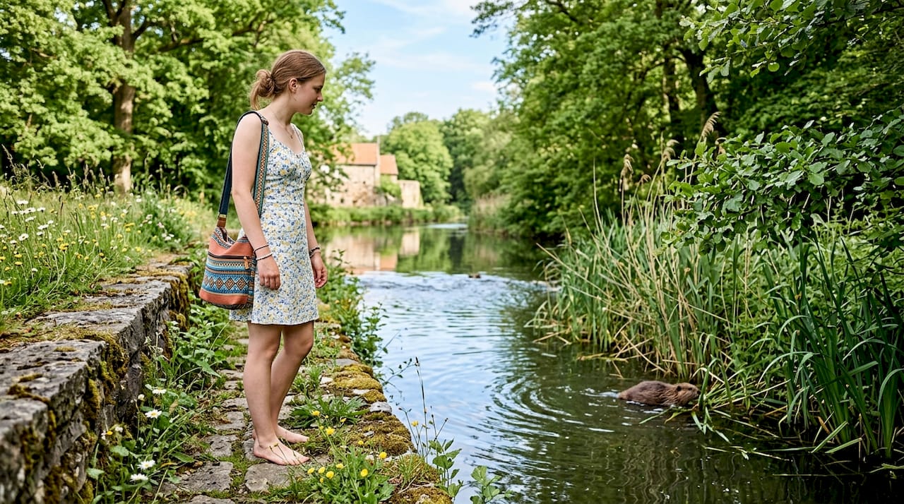 Een vrouw staat op een brug en kijkt gefascineerd naar een bever die door het beekje zwemt.