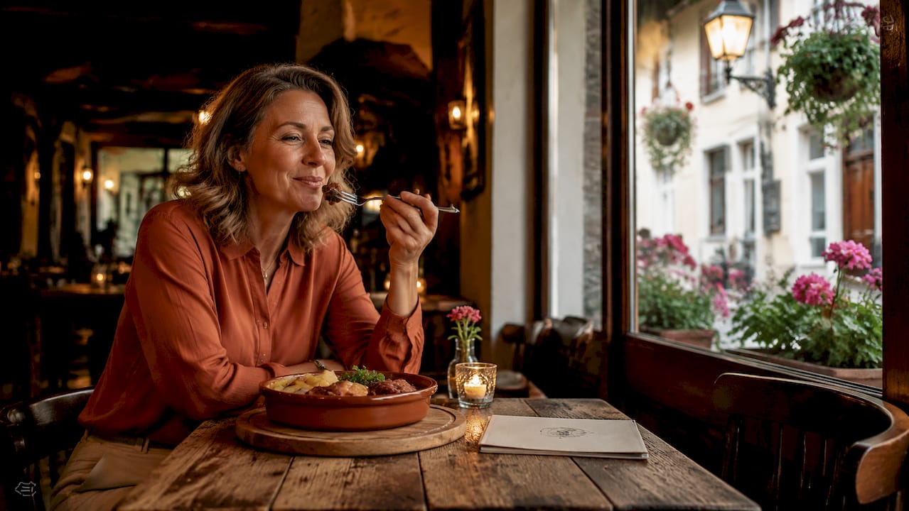 Een vrouw geniet buiten van een typisch Limburgs gerecht.