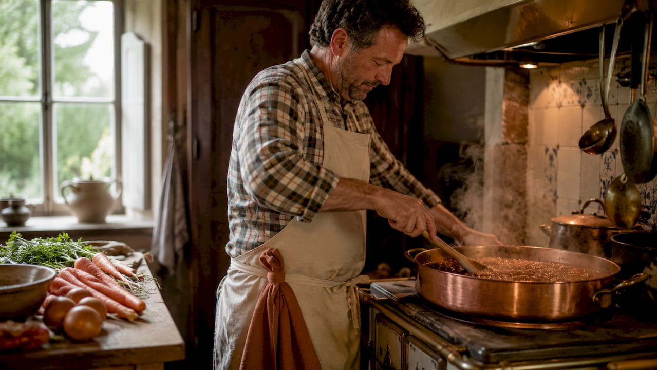 In een sfeervolle, oude keuken staat een chef de authentieke Limburgse stoofpot te bereiden.