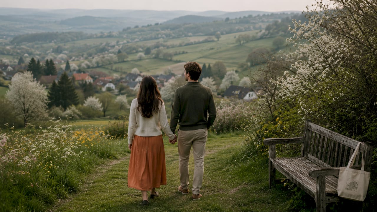 Een verliefd stel geniet samen van het prachtige Limburgse landschap, de perfecte setting voor hun droombruiloft.