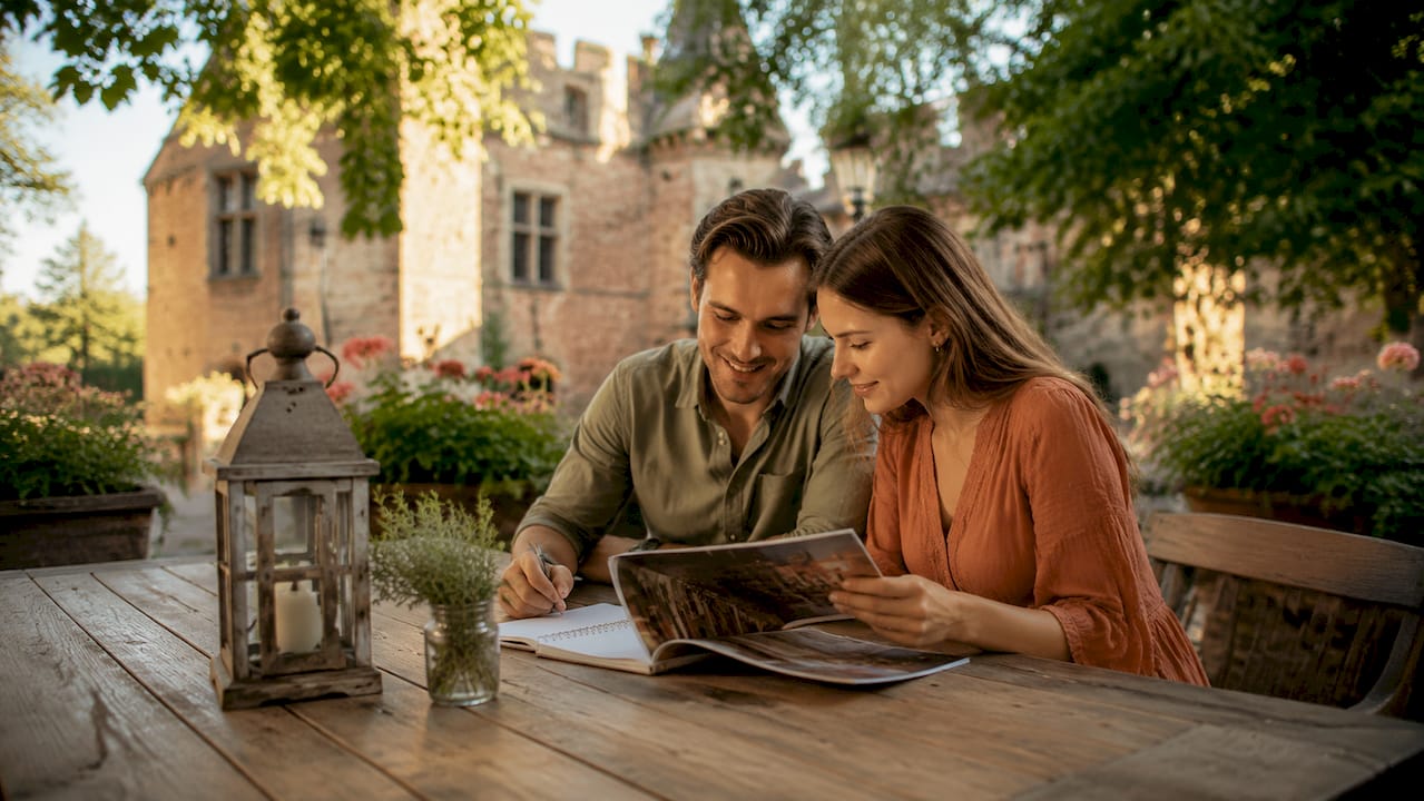Het bruidspaar zit samen in het kasteel om hun trouwdag tot in de puntjes te plannen.
