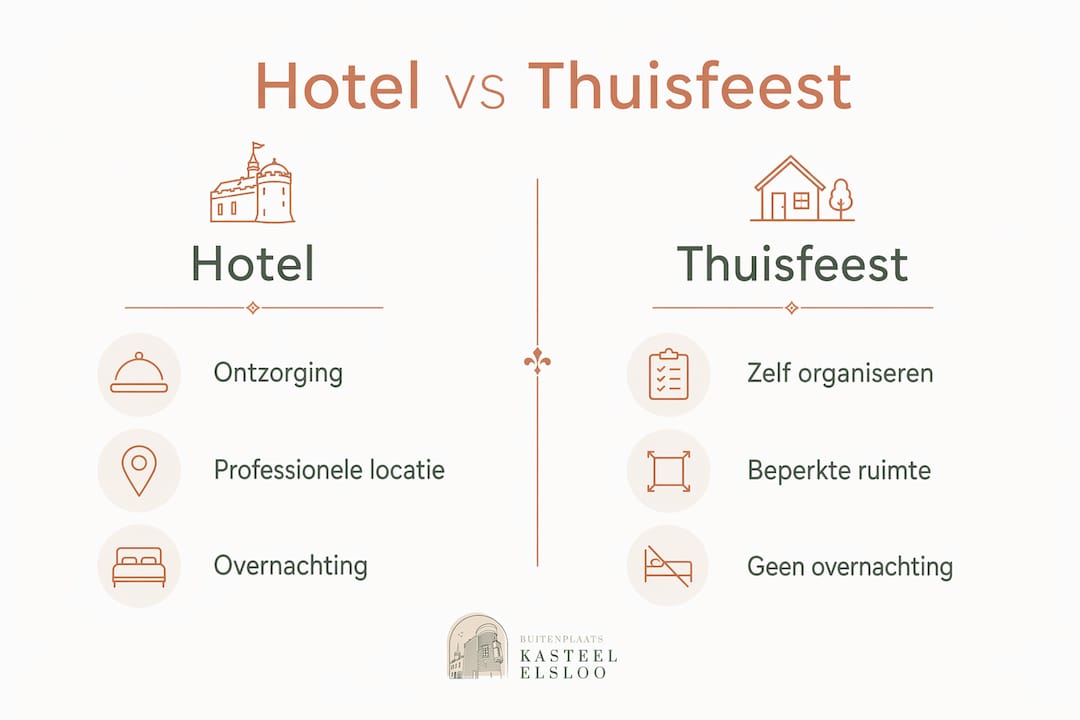 Infographic waarin de verschillen tussen een hotelfeest en een feestje thuis overzichtelijk worden weergegeven.
