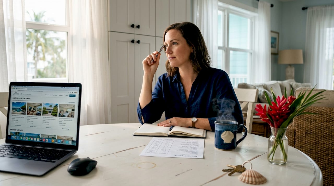 Woman planning vacation rentals at kitchen table