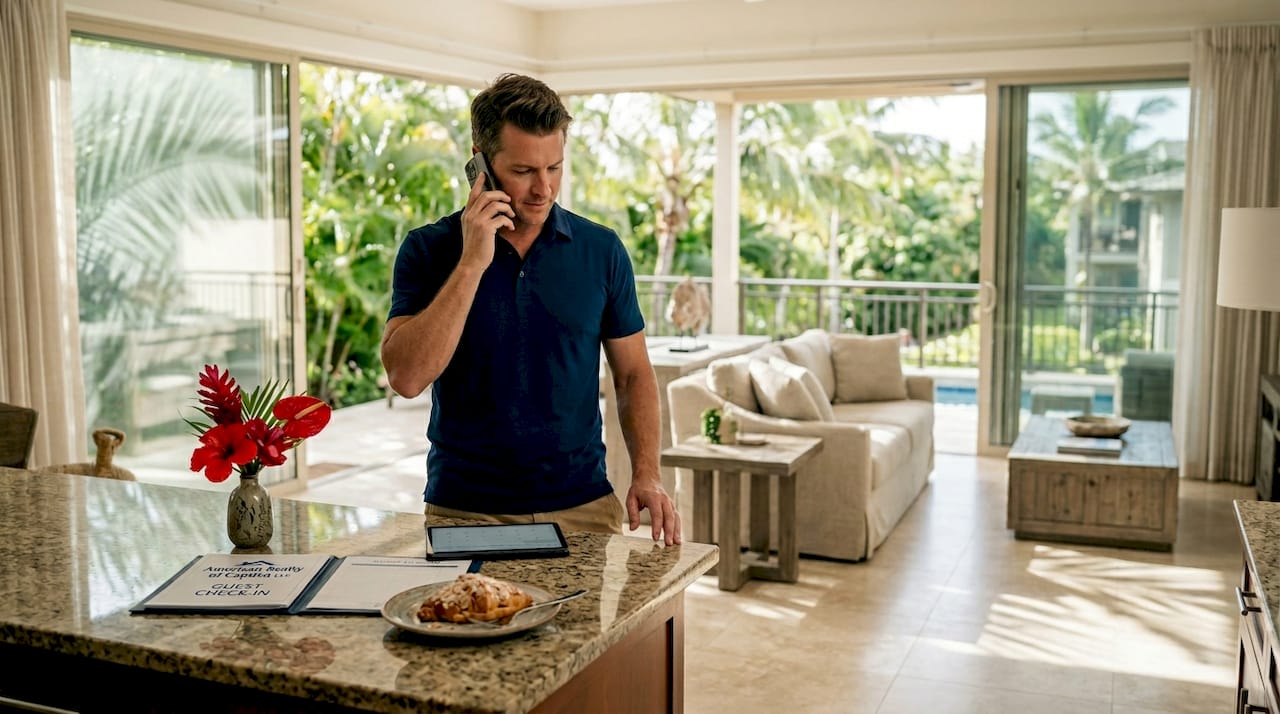Rental manager taking guest call in beach rental