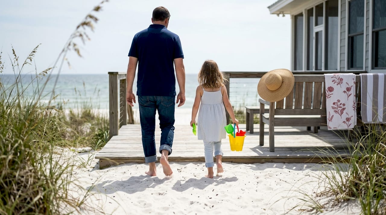 Father and daughter walk onto beach from rental