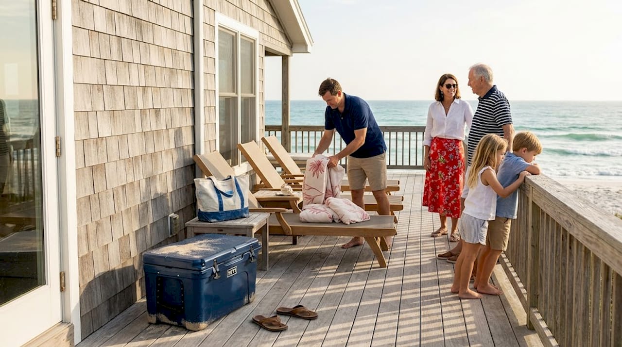 Family on deck of beachfront rental home
