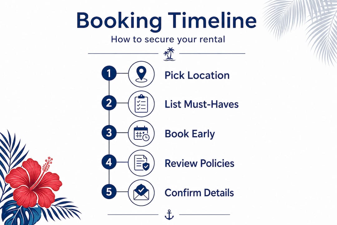 Infographic showing steps to book a beachfront rental