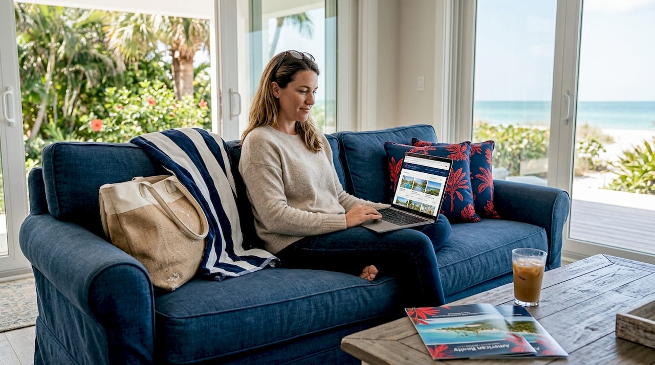 Woman searching vacation rentals on laptop in sunny living room