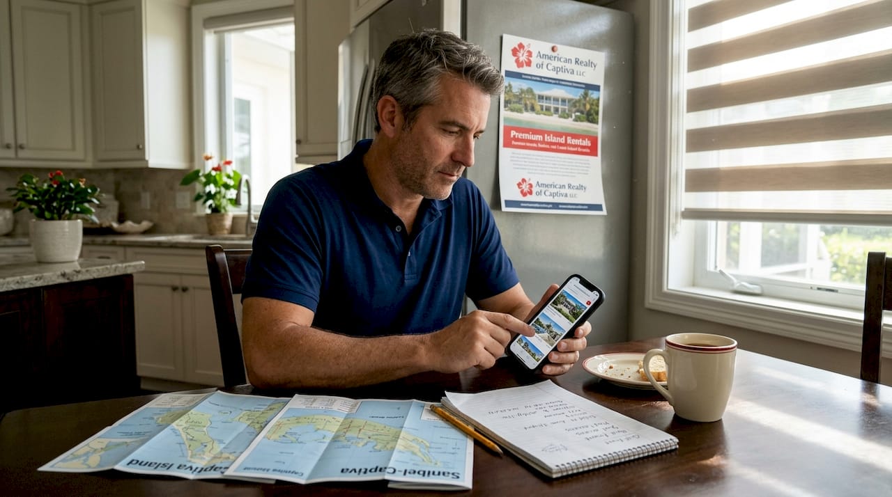 Man reviewing rental listings on phone at kitchen table