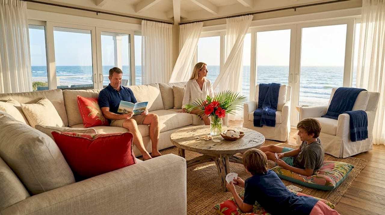 Family relaxing in luxury rental living room