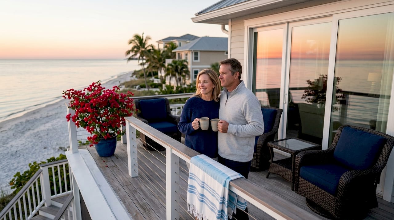 Couple enjoying sunrise on Florida beach deck