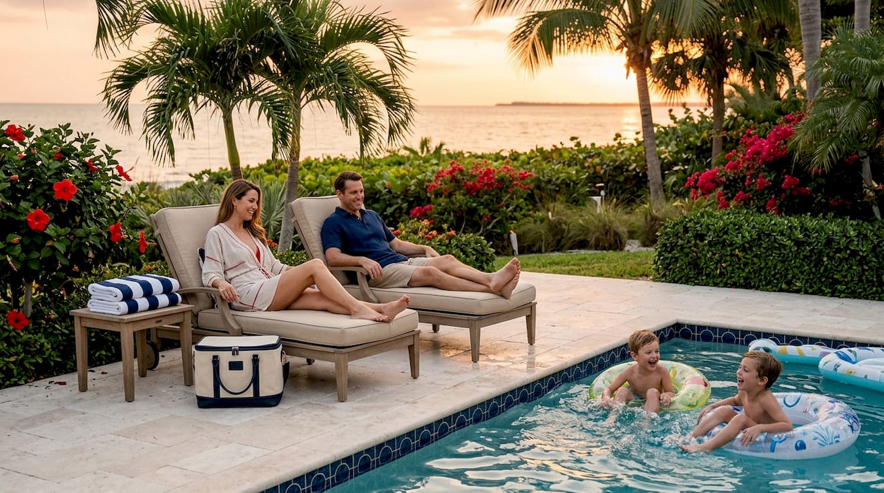 Family relaxing by private pool at beachfront home