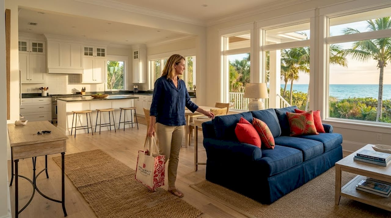 Arrival at sunlit luxury vacation home living room