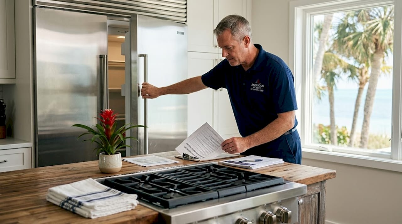 Worker inspects appliances in luxury kitchen