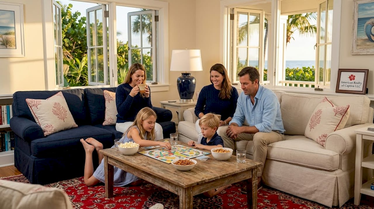 Family relaxing in sunlit Captiva vacation home