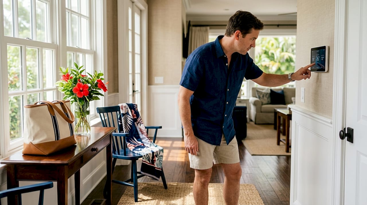 Guest adjusts smart thermostat in hallway
