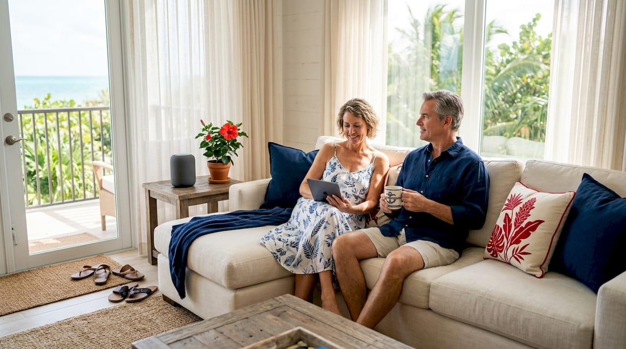 Couple using smart tech in luxury rental living room