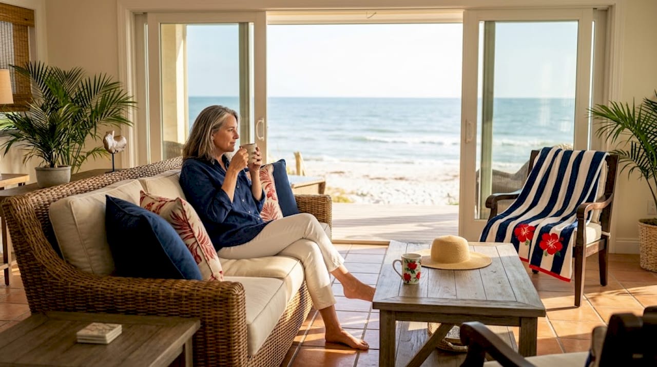 Guest relaxing in beachfront living room with ocean view