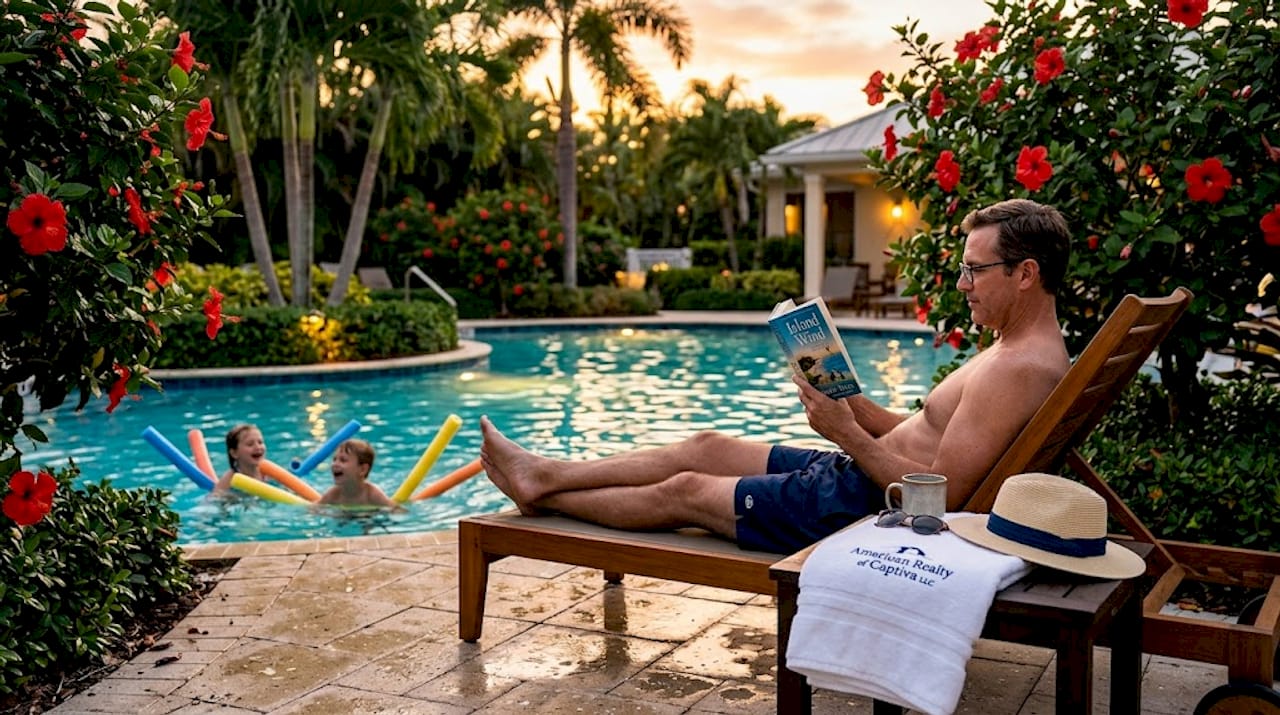 Family at private beachfront rental pool with lush foliage